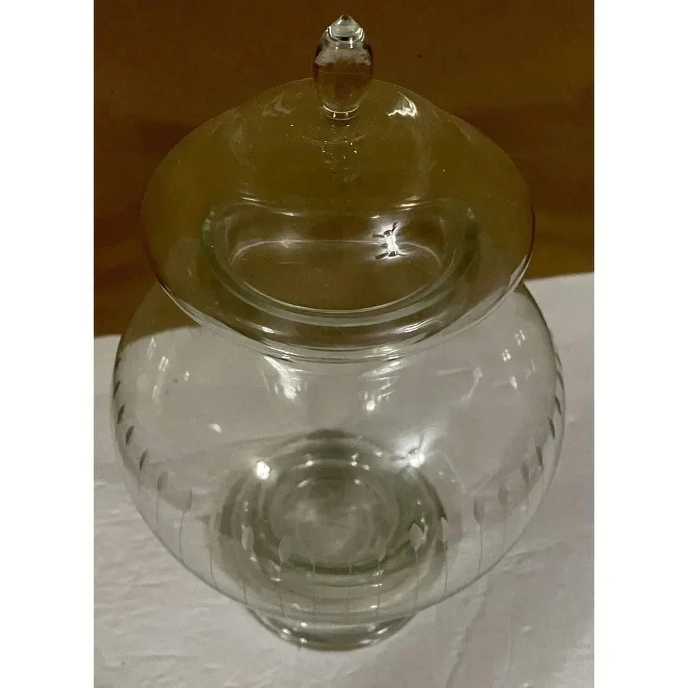 Clear Etched Glass Cookie Candy Jar Storage W/Lid 12 In H‎ x 7 In W 4.5 In Base